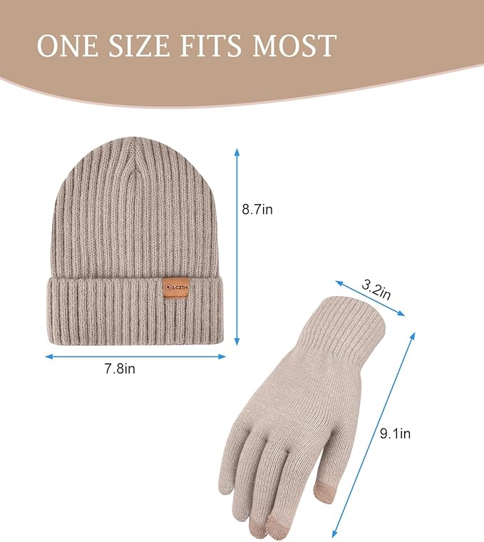 LCZTN Winter Beanie Hat and Touchscreen Gloves Set for Men and Women,Beanie Gloves Set with Warm Knit Fleece Lined