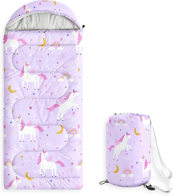 Wake In Cloud - Kids Sleeping Bag for Girls Toddlers, Camping in Warm Cold Weather, Backpacking Lightweight Compact Outdoor Liner for 3 Seasons, Celestial Unicorns