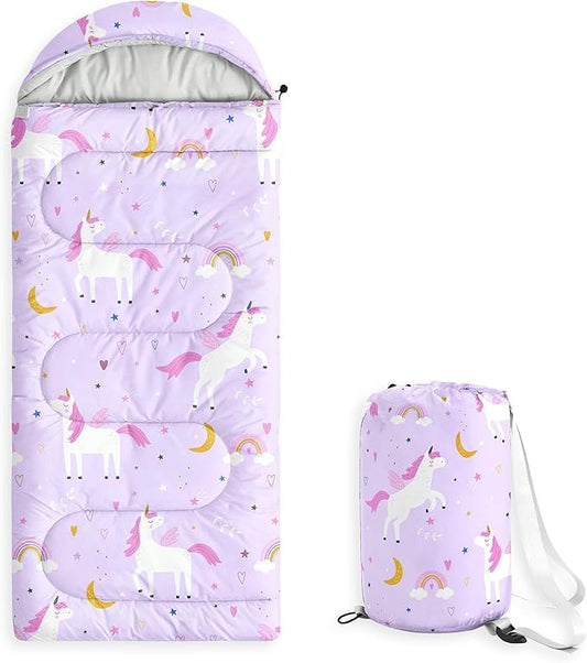 Wake In Cloud - Kids Sleeping Bag for Girls Toddlers, Camping in Warm Cold Weather, Backpacking Lightweight Compact Outdoor Liner for 3 Seasons, Celestial Unicorns