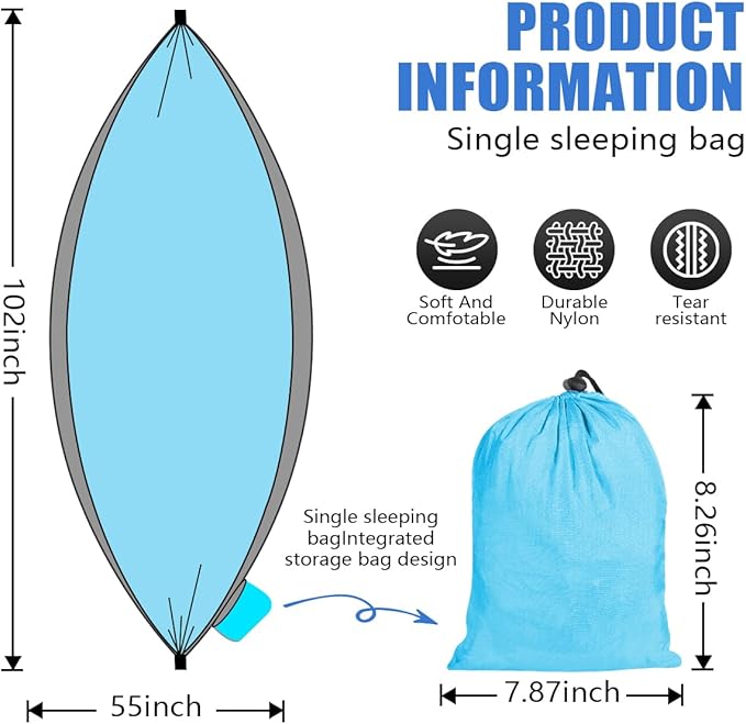 OBTANIM Camping Hammock 500lbs Portable Lightweight Single or Double Hammock with Tree Straps and Carry Bag for Camping Backpacking Hiking Travel Beach Outdoor Indoor (Grey and Blue)