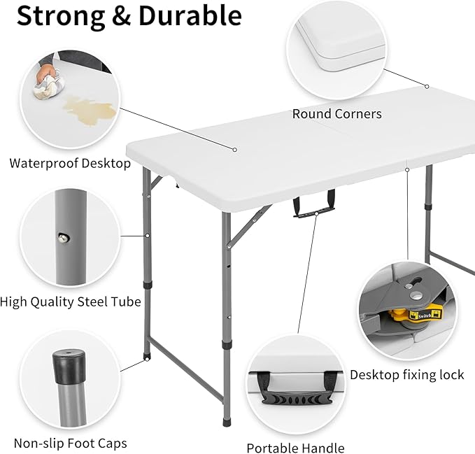 Folding Camping Table 4 Foot Adjustable Height 350lbs, 4FT Folding Picnic Card Table for Outdoor, Plastic Rectangular Dining Work Tables for Indoor, Heavy Duty Fold-in-Half Tray Tables