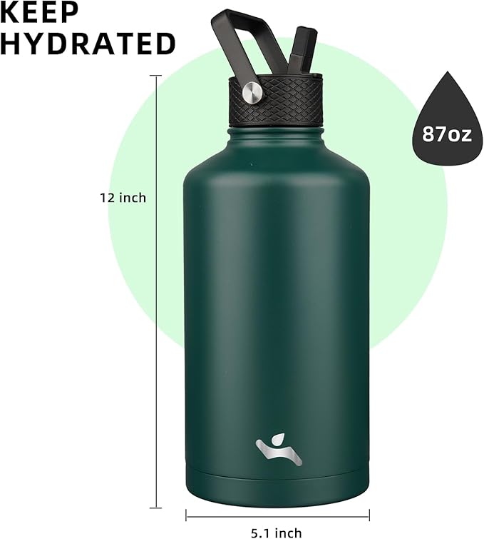 Konokyo Insulated Water Bottle with Straw,87 oz 3 Lids Water Jug with Carrying Bag,Paracord Handle,Double Wall Vacuum Stainless Steel Metal Flask,Dark Green