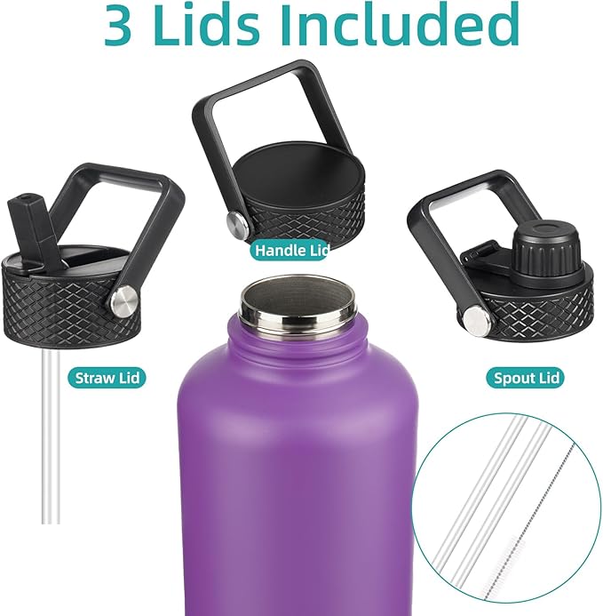 Konokyo Insulated Water Bottle with Straw,87 oz 3 Lids Water Jug with Carrying Bag,Paracord Handle,Double Wall Vacuum Stainless Steel Metal Flask,Purple