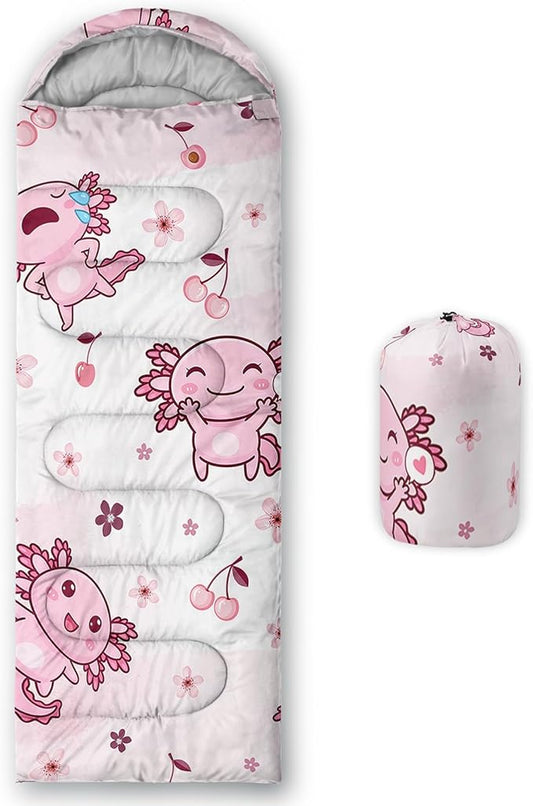 QOOMO Axolotl Cute Camping Sleeping Bags,3 Season Warm & Cool Weather,Lightweight,Waterproof Sleeping Bags for Adults & Kids,Traveling,and Outdoors