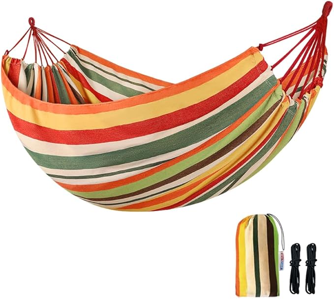 Cotton Canvas Hammock, Comfortable Fabric Camping Hammock with Tree Straps, Up to 440lbs with Travel Bag for Camping Outdoor/Indoor Patio Backyard(Orange&Yellow, Without bar)