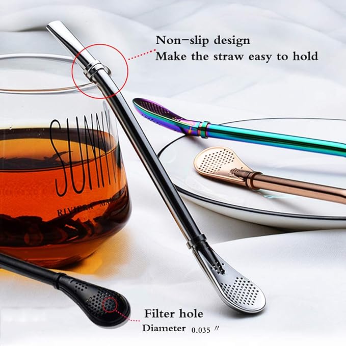 Yerba Mate Bombilla Stainless Steel Straw Loose Leaf Tea Infuser Dringking Spoons Filter Stirring Straws Pack of 5 with 2 Cleaning Brush