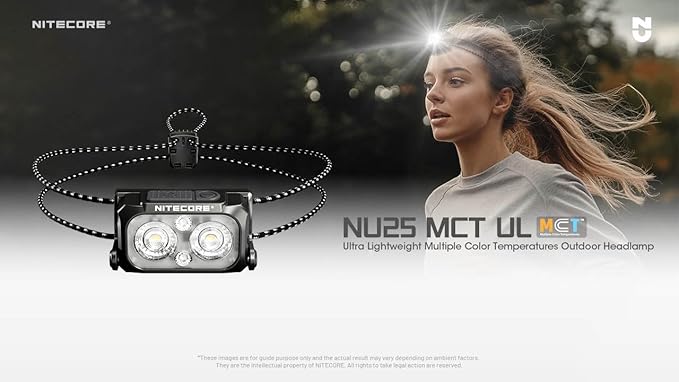 Nitecore NU25 MCT UL 400 Lumen Ultralight USB-C Rechargeble Outdoor Headlamp with Multiple Color Temperatures Warm Natural, Cold Lights and Red Light (Elastic Cord, Black)