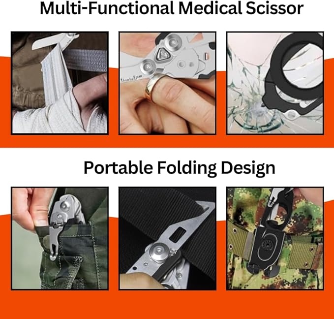 6 in 1 Multifunctional Trauma Shears Foldable with Strap Cutter | Heavy Duty Stainless Steel Emergency Response Shears | Survival Shears With Holster | Medical Trauma shears Tactical | Black