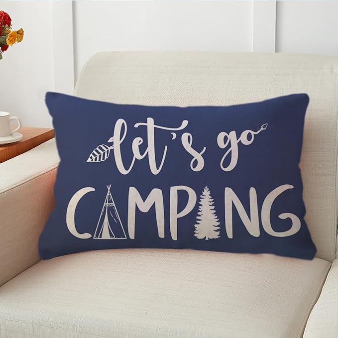 Adventure Camper Decorative Lumbar Pillowcase Double-Sided Let’s Go Camping/Adventure Awaits Throw Pillow Covers Cabin/Camper Cushion Covers 12x20,2Pack for Sofa/Couch/Porch (Blue)