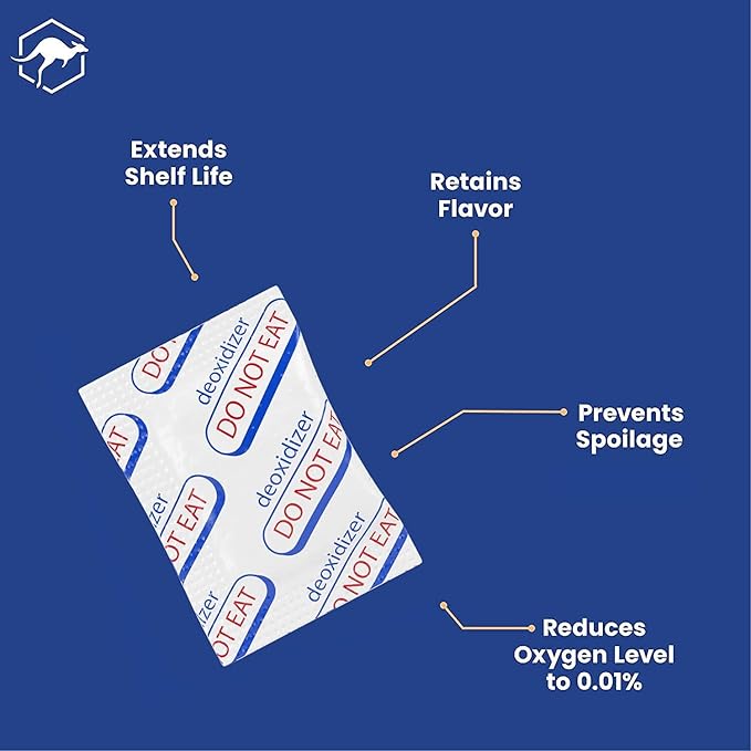 Wallaby 300cc Oxygen Absorbers - 100 Count (10x Packs of 10) + MRE Meal Prep Mylar Bag Bundle - 10x (7.5 Mil - 6.5" x 8.5’’) Stand-Up Zipper Pouches