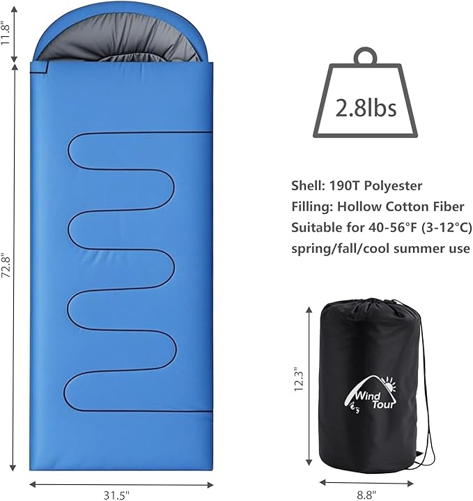 Wind Tour 3 Season Lightweight Waterproof Sleeping Bag Indoor & Outdoor for Hiking Backpacking Camping Traveling