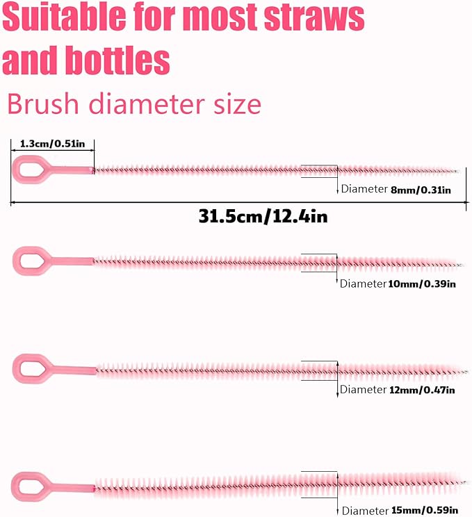 6pcs Straw Cleaner Brushes for Stanley, 31.5cm/12.4in Extra Long Full Bristles Coverage Reusable Straw Brush Cleaning Accessories for Bottles Glass Pipe Sippy Cup(Pink)