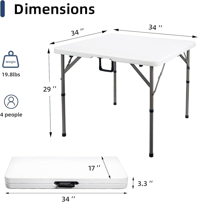 Byliable 34" Square Folding Card Table, Fold-in-Half Utility Dining Portable Table Heavy Duty HDPE White Plastic Foldable with Carrying Handle Indoor Outdoor for Picnic, Camping, Party