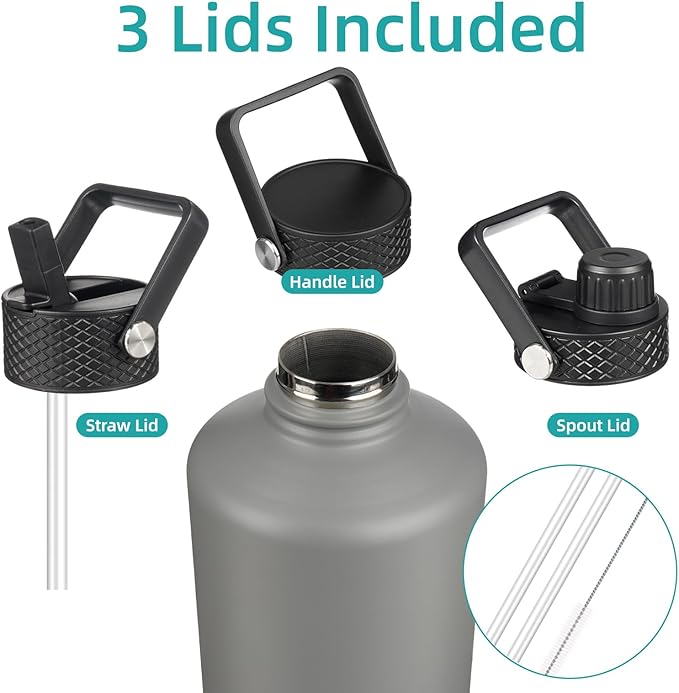 Konokyo Gallon Insulated Water Bottle with Straw,128 oz 3 Lids Water Jug with Carrying Bag,Paracord Handle, Double Wall Vacuum Stainless Steel Metal Flask,Gray