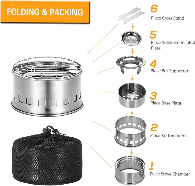 TOMSHOO Camping Stove, Portable Folding Windproof Wood Burning Stove Compact Stainless Steel Alcohol Stove Outdoor Camping Hiking Backpacking Picnic BBQ