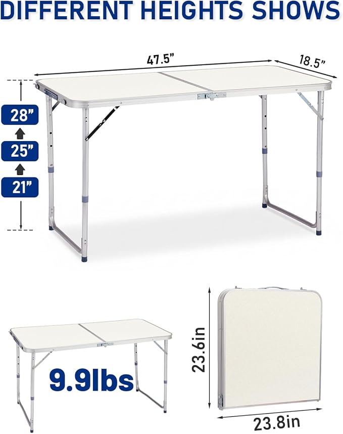 Outvita 4ft Portable Folding Camping Table, Outdoor Waterproof Adjustable Height Table, Aluminum Lightweight Suitcase Foldable Table for Picnic BBQ Beach Dining