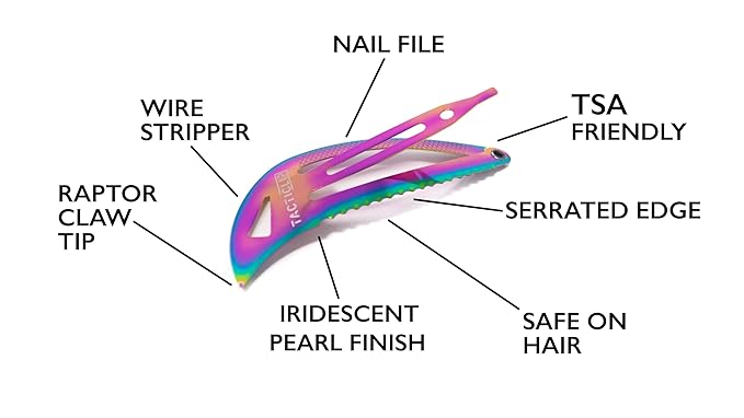 Iridescent Tactical Hair Clips 2.0, 4 Pack - Multitool Snap Barrettes - SUS301 Stainless Steel Multi-Functional Keychain Multi Tool - Nail File, Serrated Edge, Raptor Claw - Kippah Tacticlips