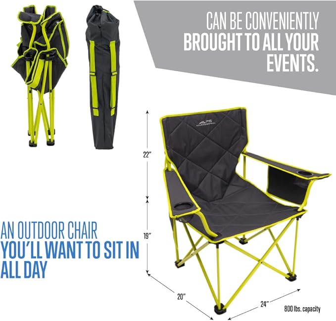 ALPS Mountaineering King Kong Camping Chairs for Adults with Mesh Cup Holders and Pockets, Built Durable and Reliable with Compact Foldable Steel Frame, Charcoal/Citrus