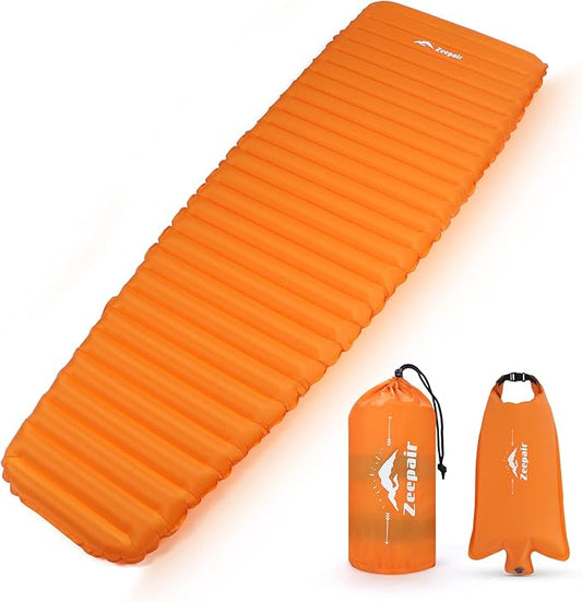 Camping Sleeping Pad, Ultralight Waterproof Inflatable Sleeping Mat with Inflation Bag, Lightweight Portable Compact Air Mattress for Outdoor Backpacking Hiking Traveling Tent Use (Single, Orange)