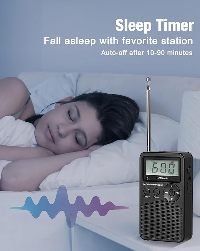 AM/FM Radio, Battery Operated Portable Radio with Clock, Preset, Sleep Timer and Battery Backup for Yard Work, Walking, Camping, Jogging, Fishing, Handheld Size, 3 AA Battery Powered (Black)
