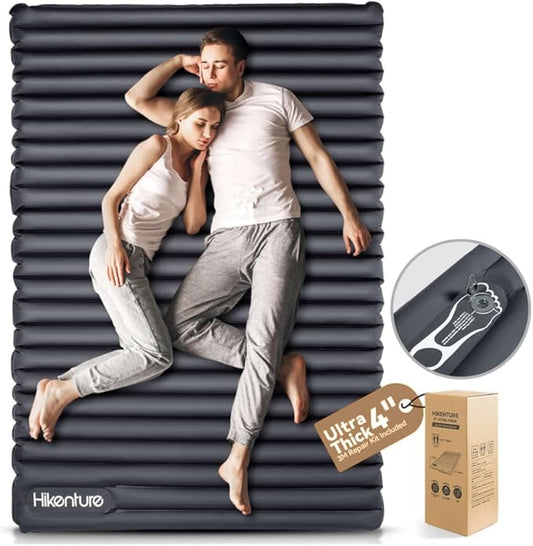 Hikenture Double Sleeping Pad for Camping, Ultralight 4" Extra-Thick Camping Mattress 2 Person, Inflatable Backpacking Sleeping Mat, Hiking Air Mattress for Tent (Grey Footpump 79x55in)