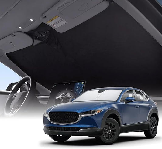 Car Window Shades for Mazda CX-30 2019-2026, Custom Fit Front Windshield Sunshade, Foldable Reflective Sun Shield with Steering Wheel Cover, UV Protection for Car Interior