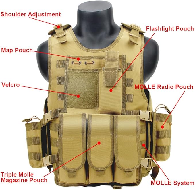 VPZenar Tactical Vest for Men, Airsoft Vest, Black Molle Vest and Cap Protective Equipment, Tactical Airsoft Gear