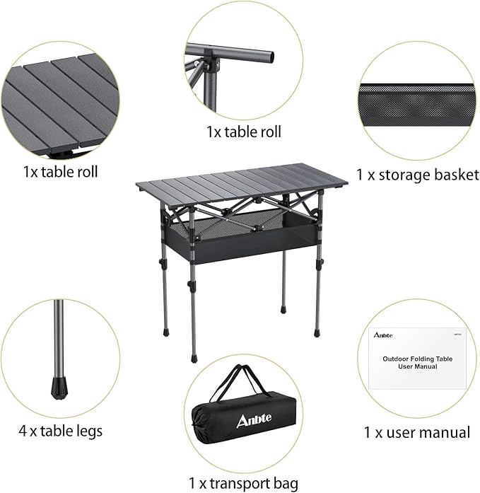 Anbte 3ft Aluminum Roll Top Camping Table, 2 Adjustable Height Camping Table Folding with Storage Net & Bag Lightweight Roll Up Table for Indoor Outdoor Backyard BBQ Patio Picnic, 32.2” X 16”, Black