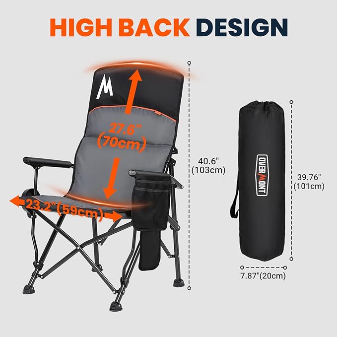 Overmont Heated Camping Chair with High Back - 3 Heat Levels 2-Zone Separately Heating - 450 LBS Support Heavy Duty Folding Chair Portable for Adults Patent No.: US D1.028.543S - Battery NOT Included