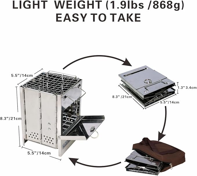 Backpacking Wood Stove, Foldable Camping Stove, Stainless Steel Foldable Camping Stove with Compact and Lightweight for Outdoor Cooking, Hiking Camping, Grilling, Picnic and BBQ, Small Size