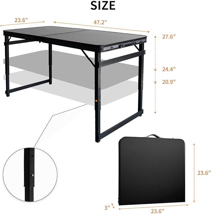 4FT x 2FT Folding Camping Table with Aluminum Alloy Legs, Adjustable Height Portable Outdoor Picnic Table for Camping, Travel, Parties, Kids Crafts, and Market Vendor Use