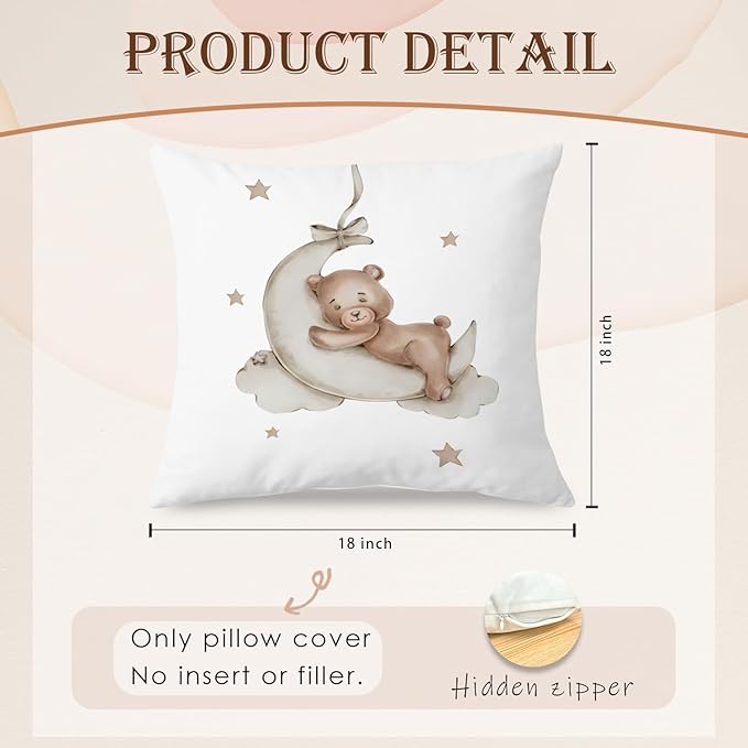 SPBL&L Baby Bear Pillow Covers 18x18, Bear Nursery Decor, Woodland Animals Nursery Decor for Boys Girls, Cute Baby Bear Moon Decorative Pillow Covers for Toddler Kids Room Playroom Nursery, Set of 2