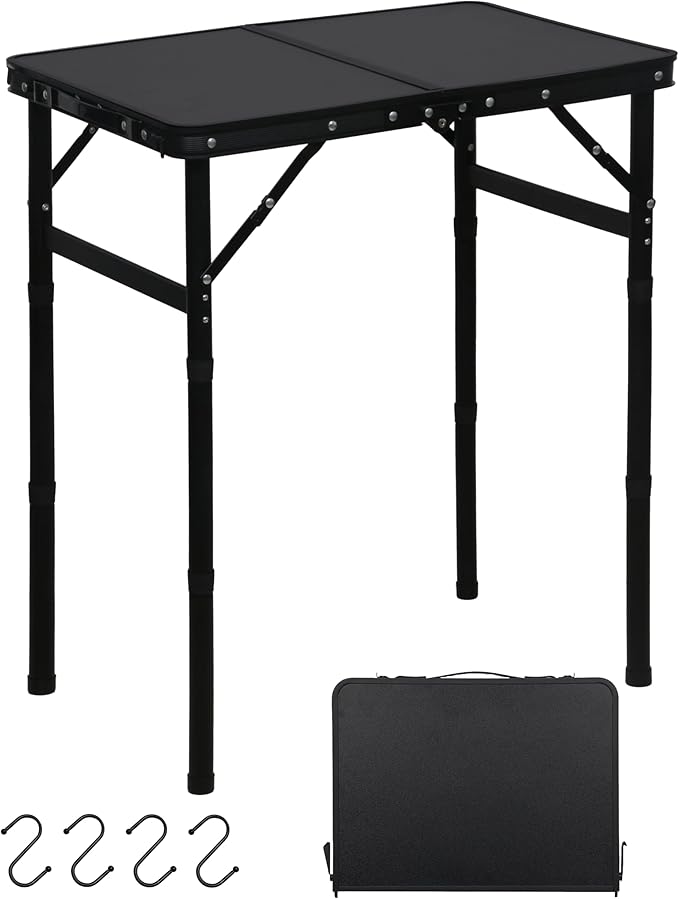 LOFTEY Small Folding Camping Table, 2ft Aluminum Portable Folding Table, 3 Adjustable Heights | Portable Handle | Lightweight for Travel & Outdoor, 23.6" x 15.7" x 27.5"H, Black