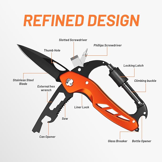 Carabiner Multitool 9-in-1 EDC Pocket Knife, Hexwrench, Saw, Screwdriver, Can Bottle Opener, Breaker, Buckle, Survival Gear for Camping Climbing, Gifts for Men Women, Stocking Stuffers