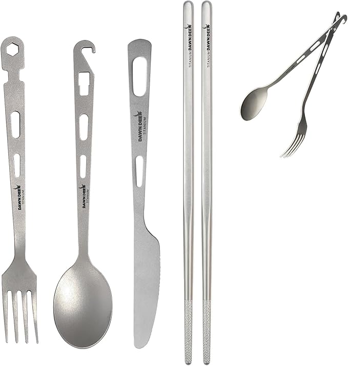 4Pcs- Titanium Fork Spoon Knife Chopsticks Set - Camping Tongs | Ultralight Backpacking Utensils, Travel Cutlery Set, Heat-Resistant & Rustproof, Hiking Survival Gear