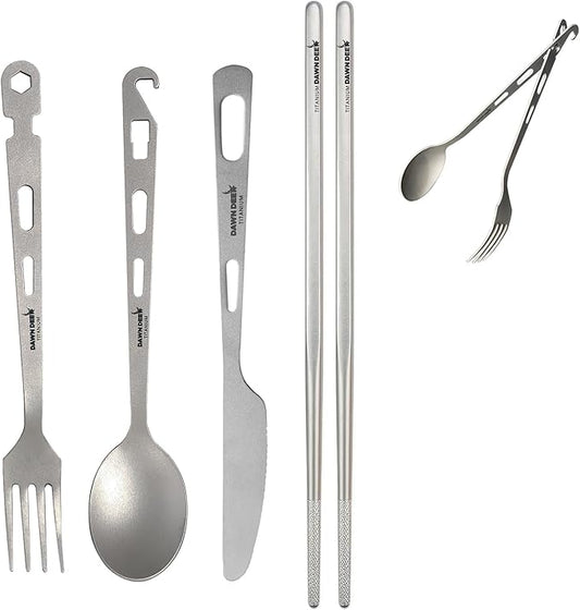 4Pcs- Titanium Fork Spoon Knife Chopsticks Set - Camping Tongs | Ultralight Backpacking Utensils, Travel Cutlery Set, Heat-Resistant & Rustproof, Hiking Survival Gear