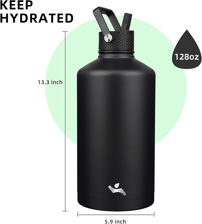 Konokyo Gallon Insulated Water Bottle with Straw,128 oz 3 Lids Water Jug with Carrying Bag,Paracord Handle, Double Wall Vacuum Stainless Steel Metal Flask,Black