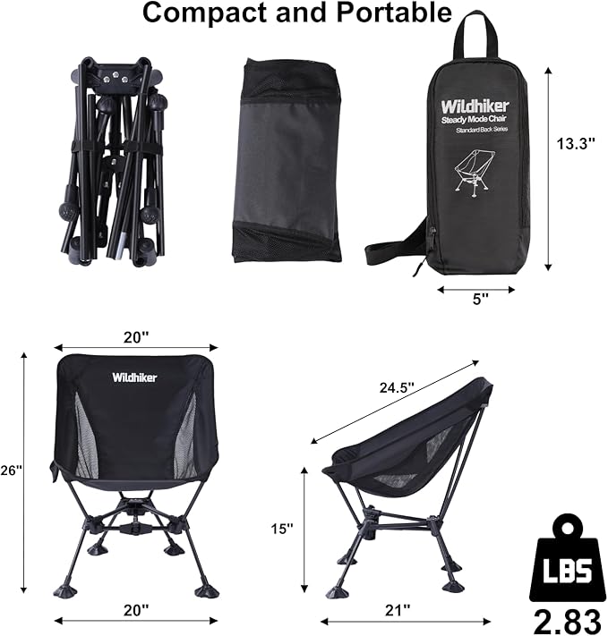 Wildhiker Ultralight Backpacking Chair – Compact Camping Chairs for Adults with Pouch, Weighs 2.8 lbs with Anti-Sinking Large Feet for Beach, Hiking, Motorcycle, Travel, Festival – Black 2pcs