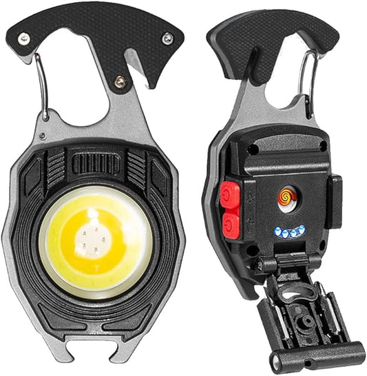BY-J COB Keychain Work Light Keychain Flashlights 7 Light Modes 1600Lumen,COB Multi-Function Mini Work Light with Electric Lighter, Seat Belt Cutter, Screwdriver, Whistle