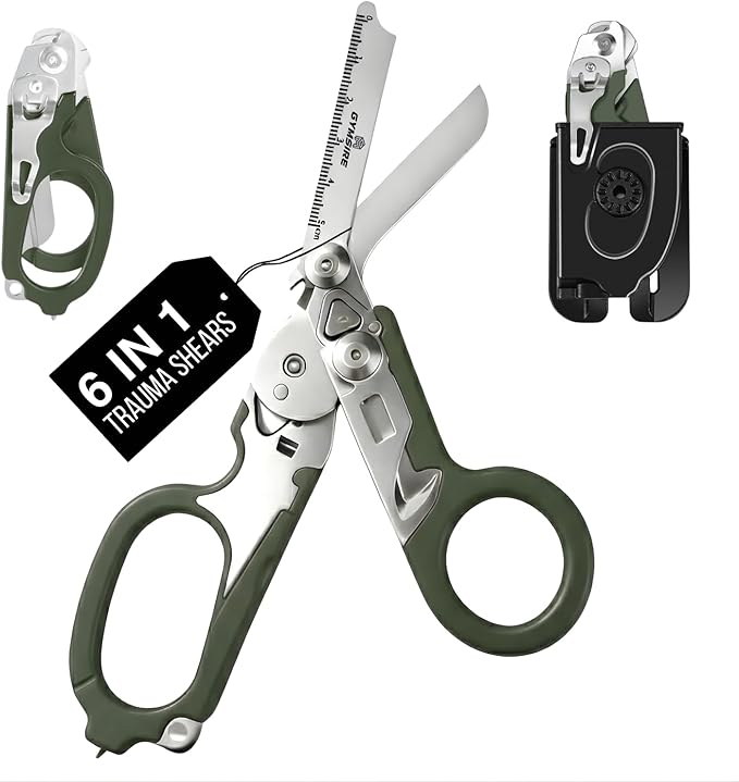 Heavy Duty 6 in 1 Multifunctional Trauma Shears Foldable | Stainless Steel emergency response scissors | Survival Shears with Holster | Medical Trauma shears Tactical With Strap Cutter | Green