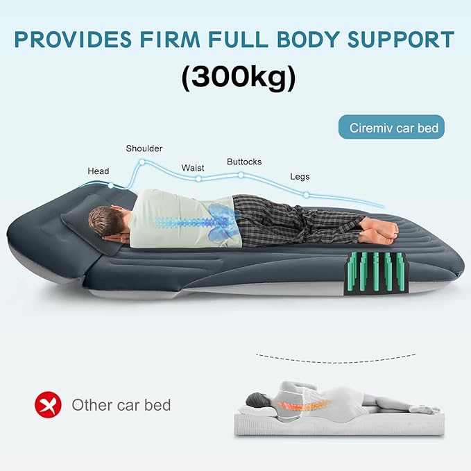 Ciremiv SUV Air Mattress, Double-Sided Thick Flocked Car Air Mattress with Built-in Pump & Pillow, Complete Sleeping Accessories for Auto Camping & Road Trips（Dark Gray）