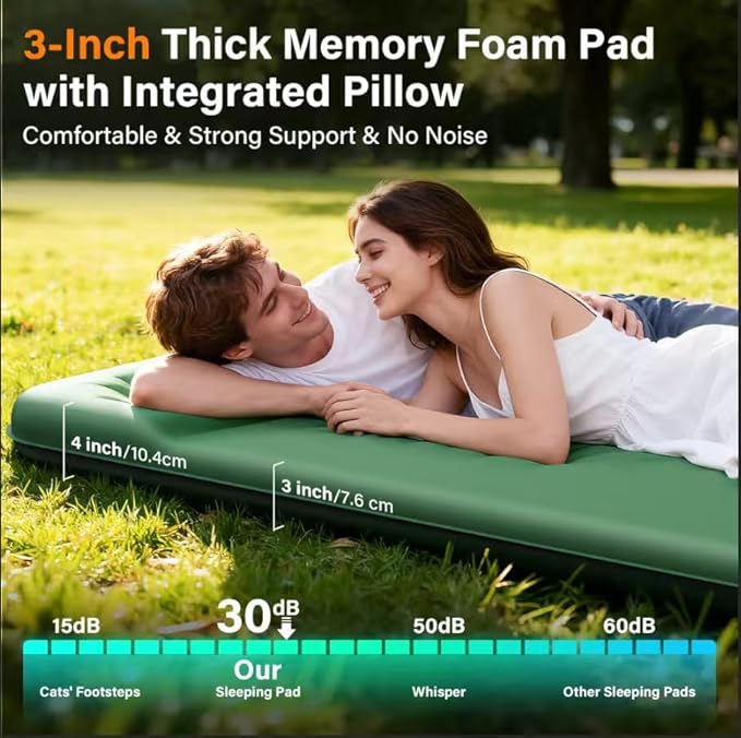 HiiPeak Double Camping Sleeping Pad with Electric Pump, 3" Thick 2 Person Self Inflating Memory Foam Mattress Pad with Pillow, Portable Sleeping Mat for Travel, Car, Tent, Full Size (Green)