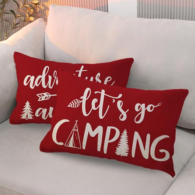 ULOVE LOVE YOURSELF Adventure Camper Decorative Lumbar Pillowcase Double-Sided Let’s Go Camping/Adventure Awaits Throw Pillow Covers Cabin/Camper Cushion Covers 12x20,2Pack for Sofa/Couch/Porch (Red)