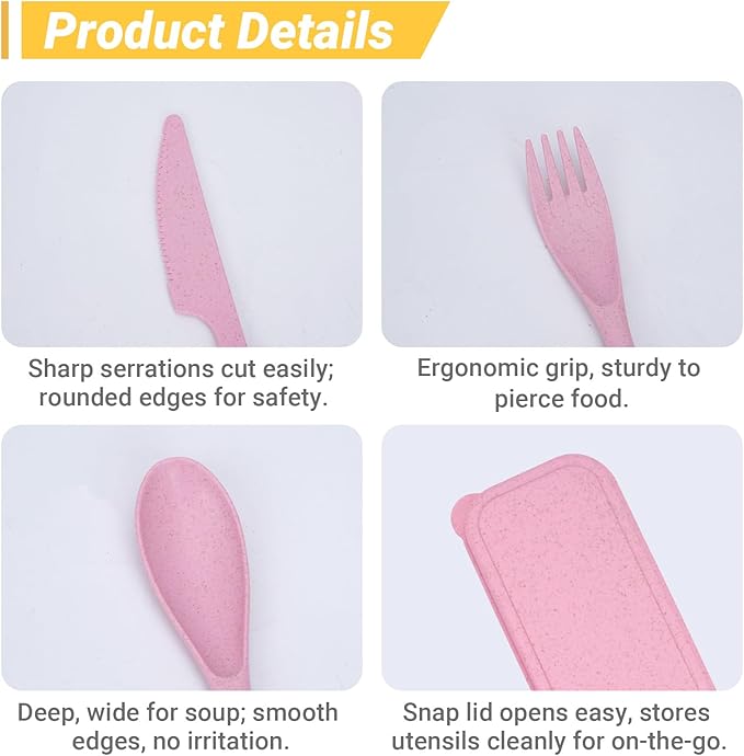 Knives Spoons and Forks Set, Portable Cutlery Set, Reusable Flatware Set for 4, Utensils for Party, Travel, Work, Picnic, Camping or Daily Use（Pink, Orange, Yellow, Beige）