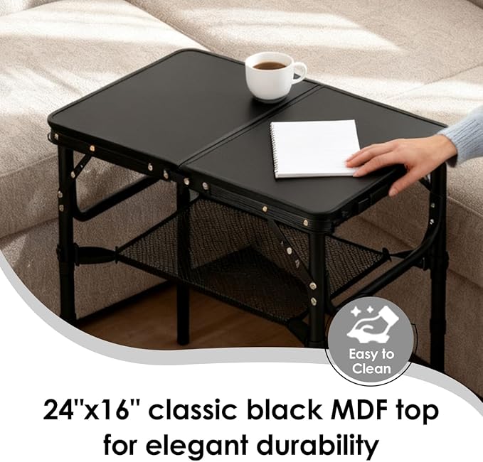 Folding TV Trays Foldable Dinner Tray Table Adjustable Height Food Snack Eating Couch Side Table Study Aluminum Portable Sofa Tray End Table for Outdoor Indoor Camp Pinic Bed Couch Living Room(Black)