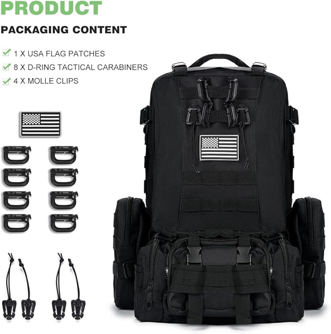 Large Military Tactical Backpack for Men, 40-50L Backpacks for Women, Bug out Bag Army 3 Days Assault Pack Bags Rucksack with Molle System Black