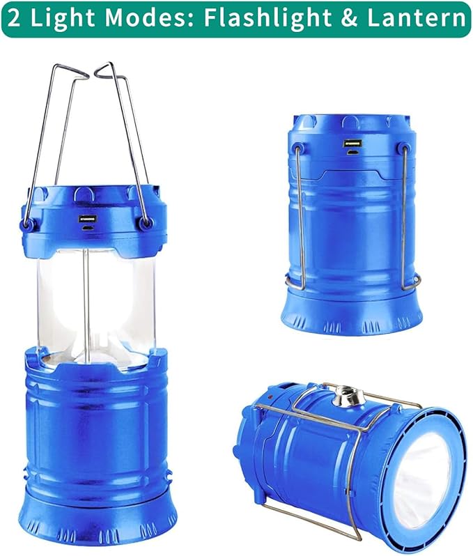 Censinda LED Camping Lantern, Solar and Rechargeable Lantern Flashlight Collapsible and Portable Light for Daily/Camp/Hiking/Night Fishing/Emergency/Hurricanes/Storm(Blue, 1 Pack)