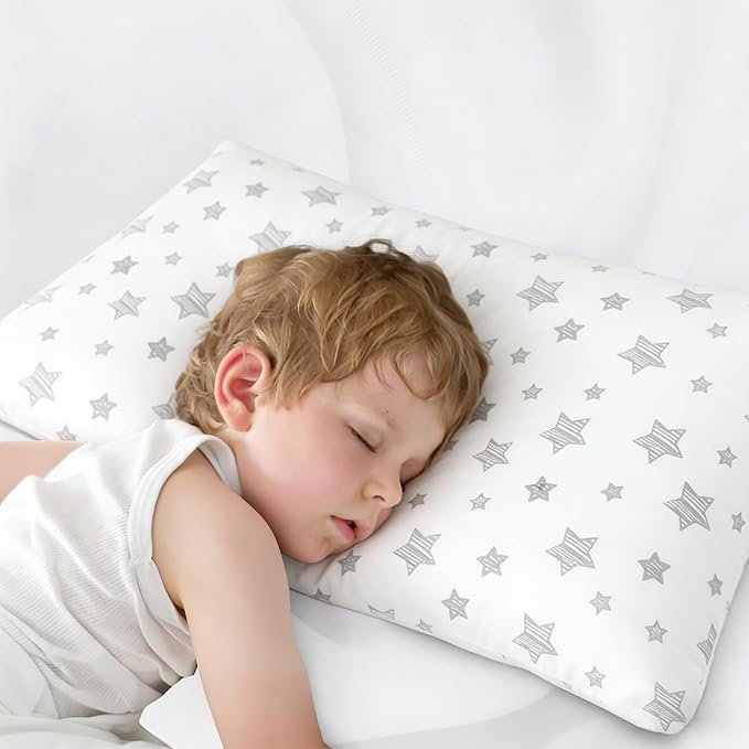 Biloban Toddler Pillow for Sleeping, Kid Pillow 14" x 19" for Small Travel Bed, Nap Pillows, Soft & Skin-Friendly Small Pillows for Sleeping, Toddler Use Only, Age 2 to 5, (White & Grey Star)
