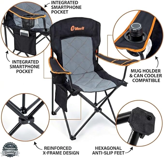EMERIT Oversized Padded Camping Chair, 350LB Heavy Duty Quad Fold Chair with Arms, Collapsible Outdoor Chairs with Lumbar Back & Cup Holder