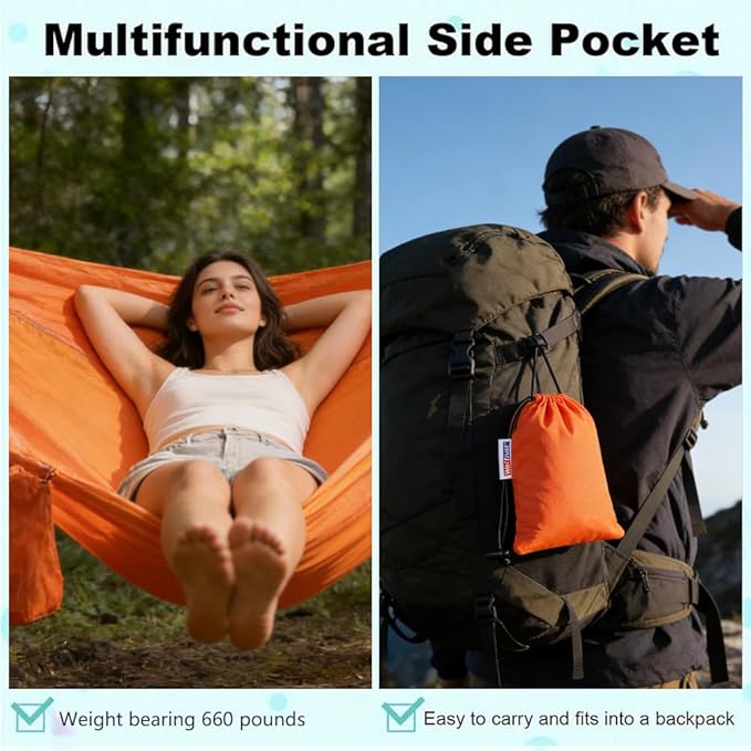 Camping Hammock, Portable Hammocks with Tree Straps & Attached Carry Bag, Travel Tree Hammocks for Outside Indoor Hiking Beach Backpack Travel(Orange, Polyester Pongee)